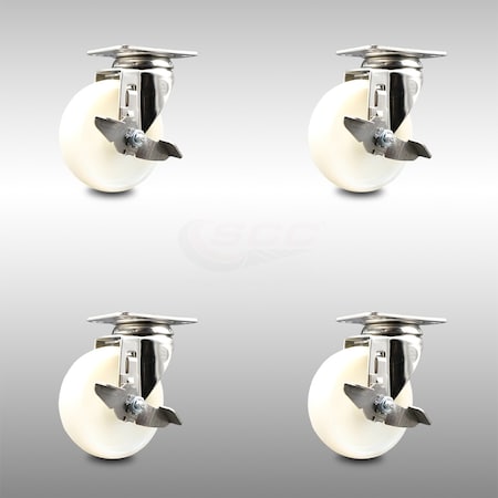 Service Caster 4 Inch 316SS Nylon Wheel Swivel Top Plate Caster Set with Brake SCC-SS31620S414-NYS-TLB-4